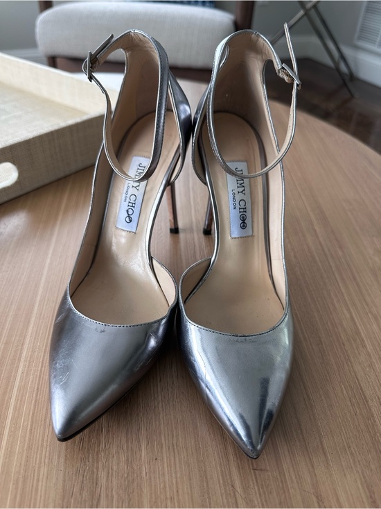 Jimmy Choo Shoes - Jimmy Choo Metallic Silver Pointed-Toe Ankle-Strap Pumps